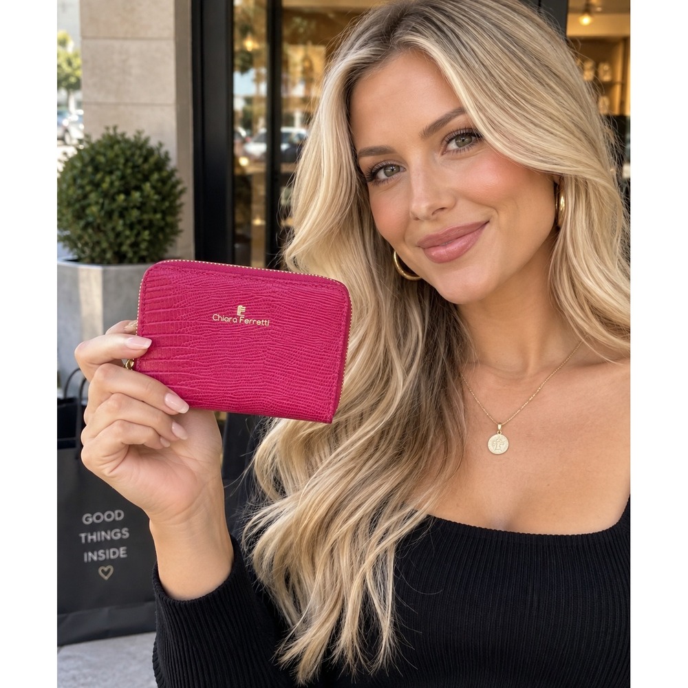 Chiara Ferretti Magenta Pink Lizard Embossed Zip Around Accordion Wallet Gold